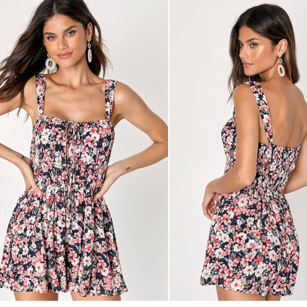 Lively Charm Navy Blue Floral Print Sleeveless Romper
